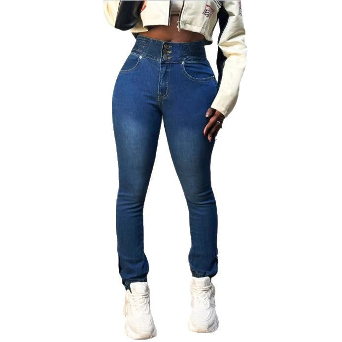 Women high-waisted shaping skinny jeans with double waistband closure and adjustable ankle drawstring Fashion Glam