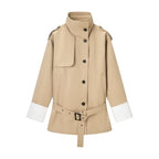 Women's Short Trench Coat with Stand Collar, Waist Belt and Contrast Cuffs Fashion Glam