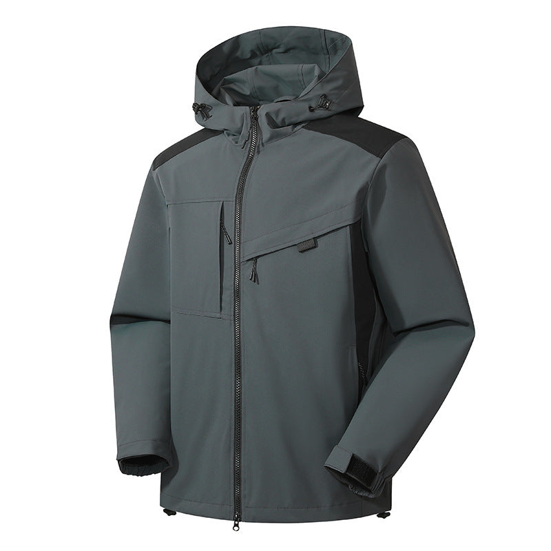 Men's wind and water-resistant softshell jacket with adjustable hood, two-way zipper, and asymmetrical chest pocket Fashion Glam