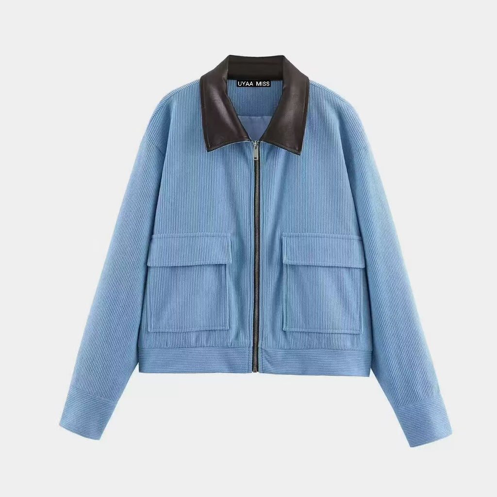 Women's short cord jacket with leather collar and flap pockets Fashion Glam