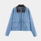 Women's short cord jacket with leather collar and flap pockets Fashion Glam