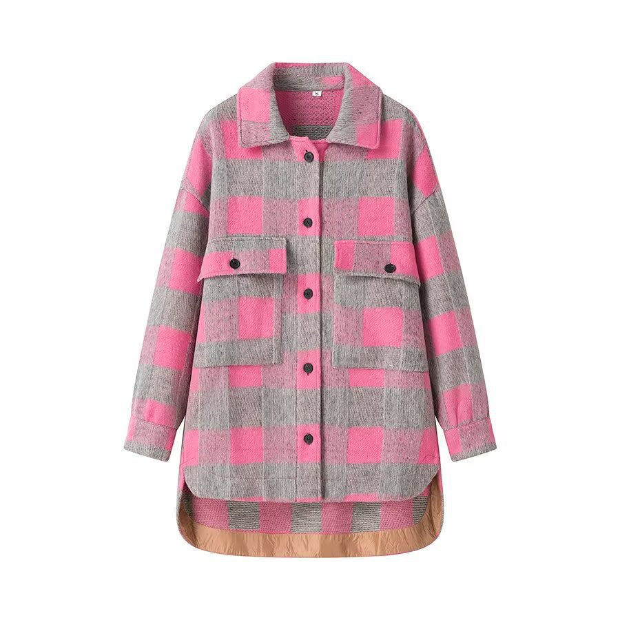 Women Oversize Checked Shirt Jacket with Applied Flap Pockets and Extended Hem Fashion Glam