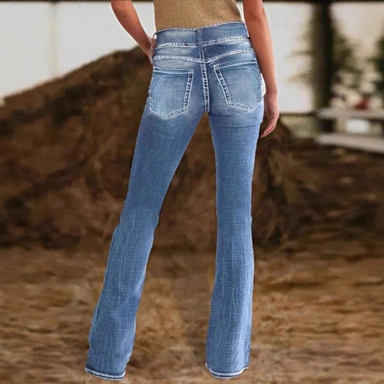 Women High-Waist Bootcut Jeans with sculpting seam design and light vintage finish Fashion Glam