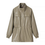 Women's Faux Leather Parka with Drawstring Waist and Chest Pockets Fashion Glam