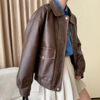 Women's Oversized Faux Leather Bomber Jacket with Shirt Collar, Zipper and Snap Button Cuffs Fashion Glam