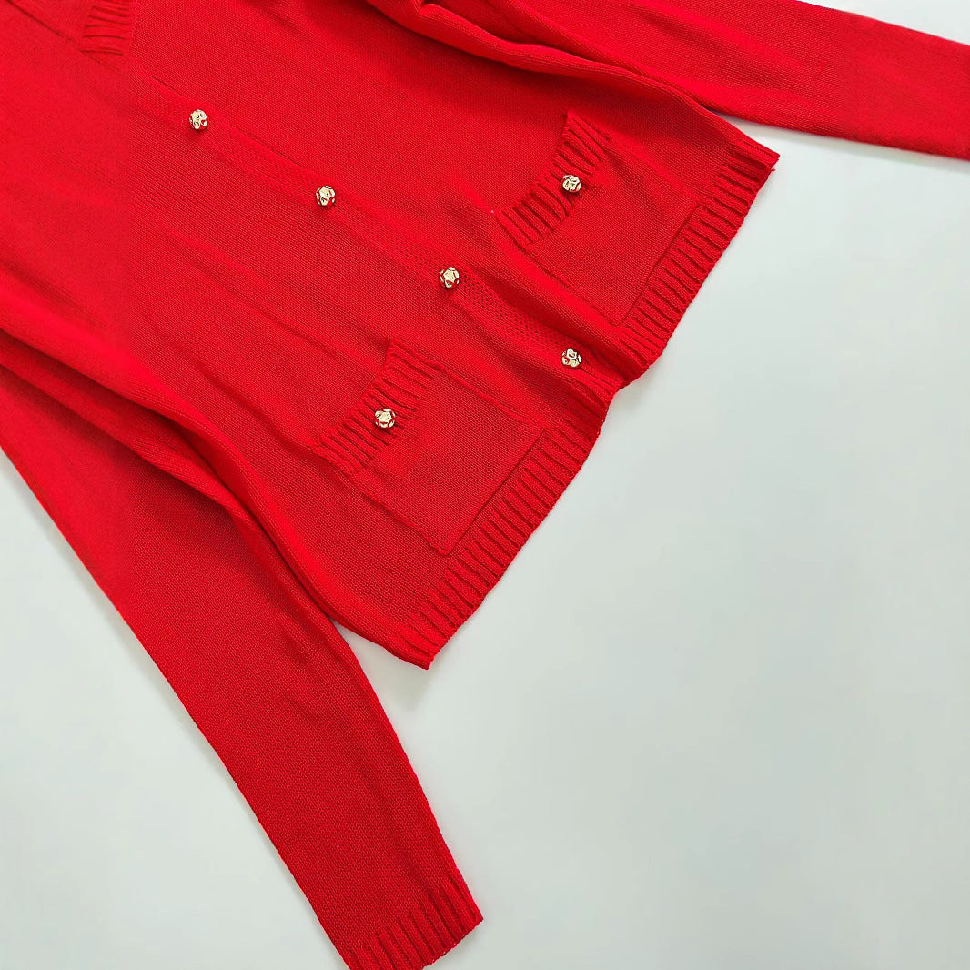 Women Fine Knit Cardigan with Decorative Buttons, Round Neckline and Patch Pockets Fashion Glam