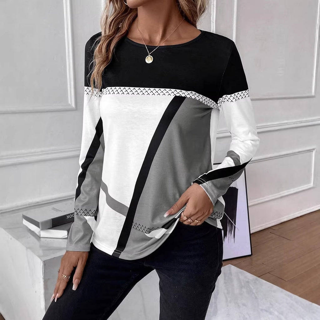 Women's Long Sleeve Shirt with Graphic Colorblock Design and Round Neck Fashion Glam