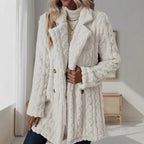 Women's Mid-Length Teddy Coat with Cable Knit Pattern, Notched Collar and Double-Breasted Front Fashion Glam