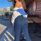 Ladies shaping high-waist skinny jeans with asymmetric rips and fringe patch Fashion Glam