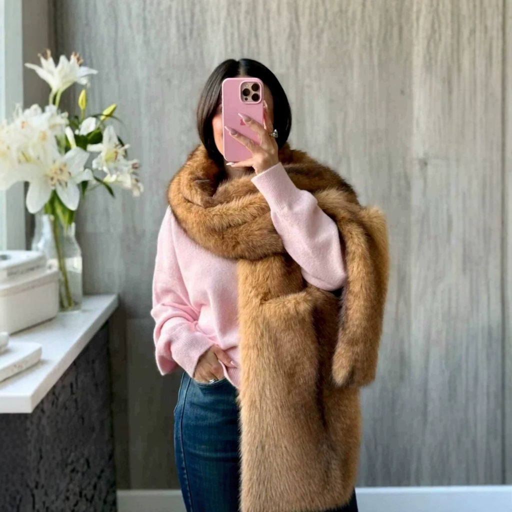 Ladies' Luxurious Long Faux Fur Stole with Voluminous Shawl Collar Fashion Glam