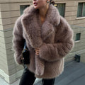 Ladies luxurious short faux fur jacket with wide shawl collar Fashion Glam