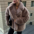 Ladies luxurious short faux fur jacket with wide shawl collar Fashion Glam