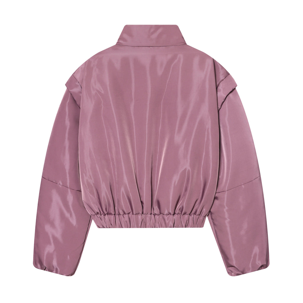 Women Cropped Padded Satin Jacket with High Stand Collar and Waist Smocking Fashion Glam