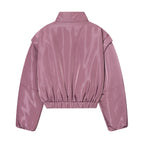 Women Cropped Padded Satin Jacket with High Stand Collar and Waist Smocking Fashion Glam