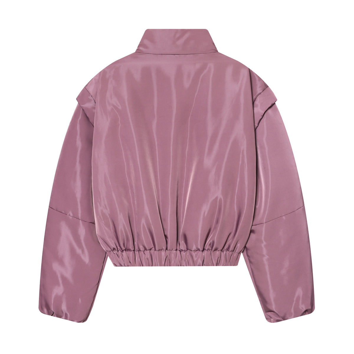Women Cropped Padded Satin Jacket with High Stand Collar and Waist Smocking Fashion Glam