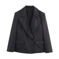 Ladies pinstriped blazer with wide lapels, single-button closure, and flap pockets Fashion Glam