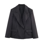 Ladies pinstriped blazer with wide lapels, single-button closure, and flap pockets Fashion Glam