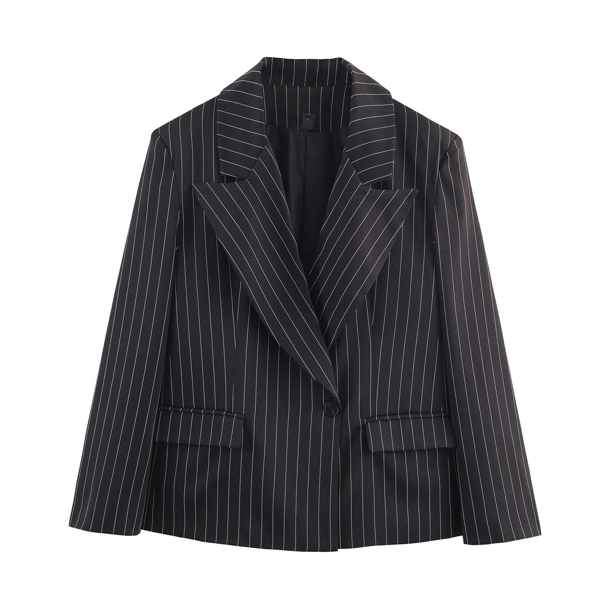 Ladies pinstriped blazer with wide lapels, single-button closure, and flap pockets Fashion Glam