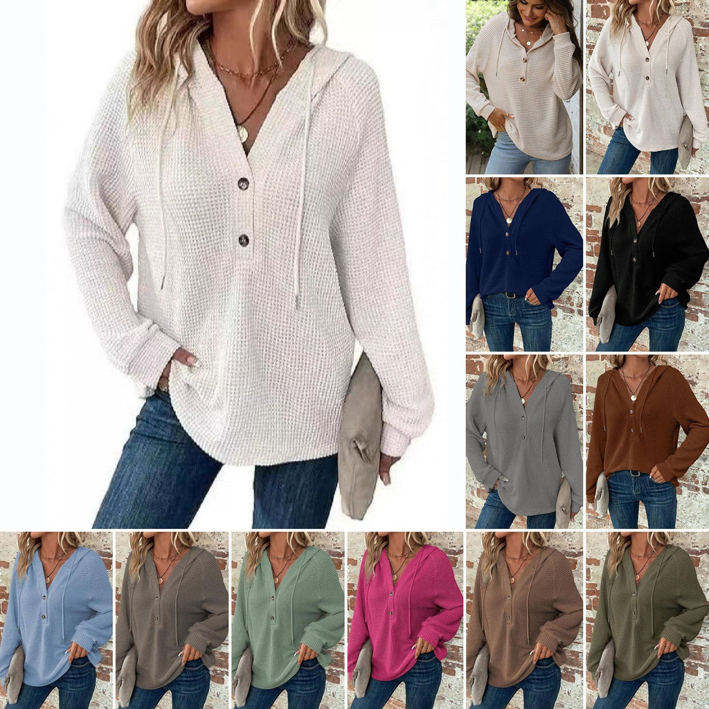 Women Waffle Knit Hoodie with Henley Button Placket and Oversized Cut Fashion Glam