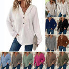 Women Waffle Knit Hoodie with Henley Button Placket and Oversized Cut Fashion Glam