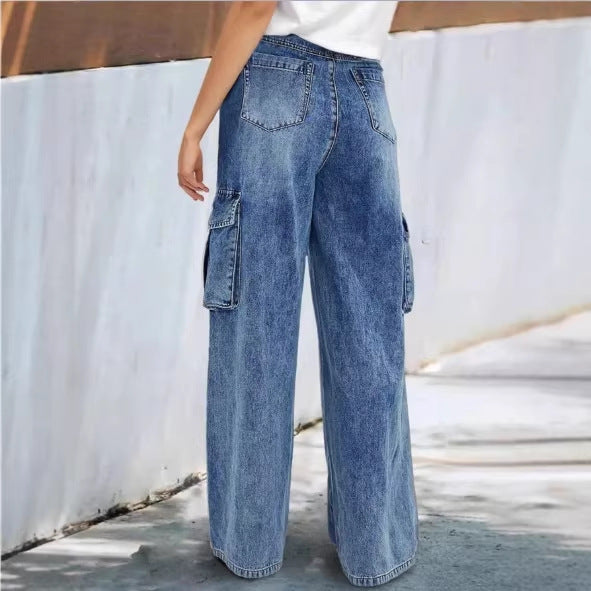 Women's high-waisted wide cargo denim pants in palazzo style with patch side pockets Fashion Glam