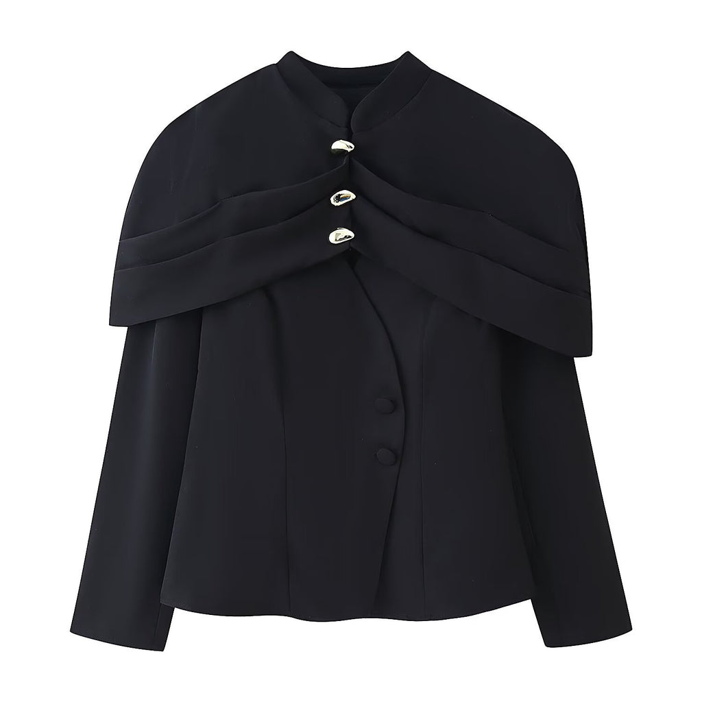 Women's cape blazer with double capelet, stand-up collar and fitted silhouette Fashion Glam