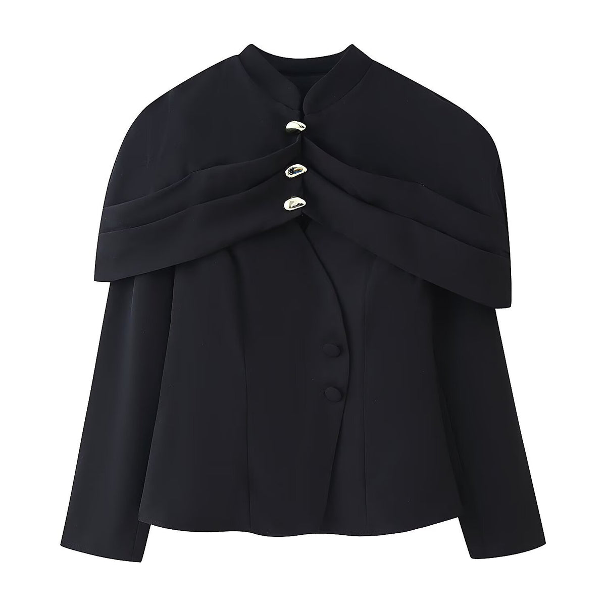 Women's cape blazer with double capelet, stand-up collar and fitted silhouette Fashion Glam