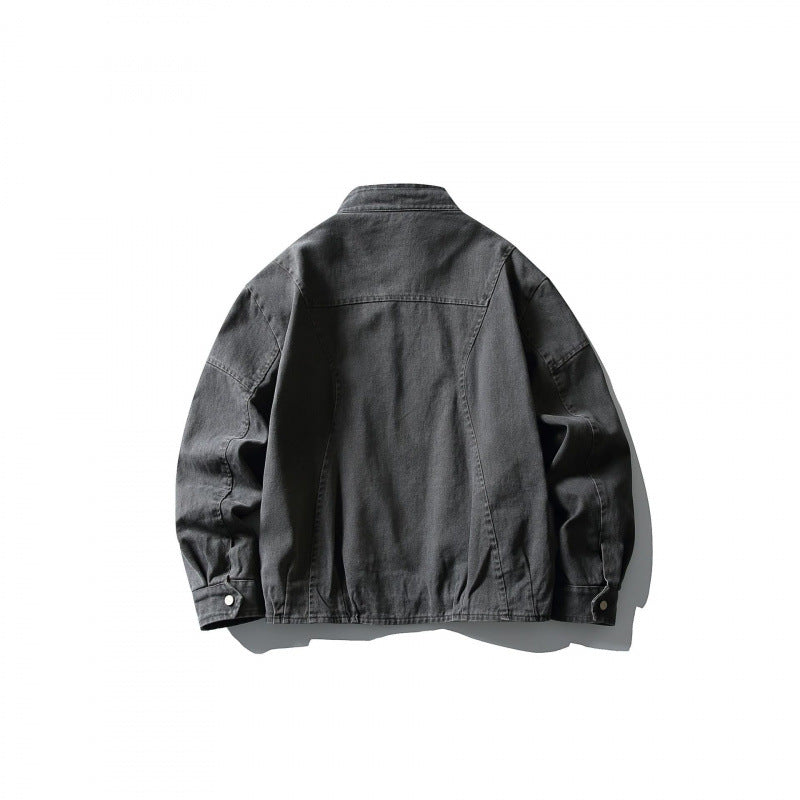 Men's Lightweight Worker Jacket made of Stonewashed Cotton Blend with Stand Collar Fashion Glam