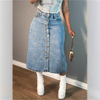 Women A-line denim mid-skirt with high-waisted waistband and continuous button placket Fashion Glam