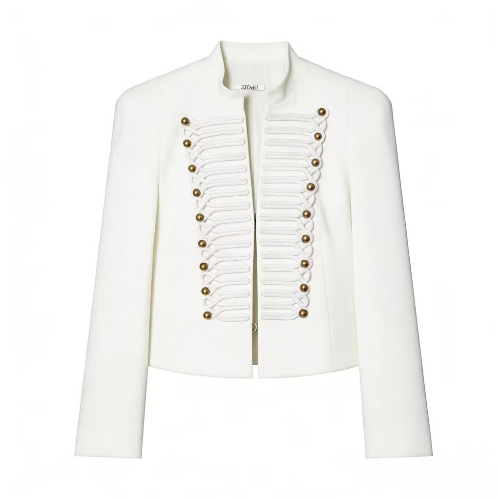 Women's Short Blazer with Military Frog Decoration and Stand-Up Collar Fashion Glam