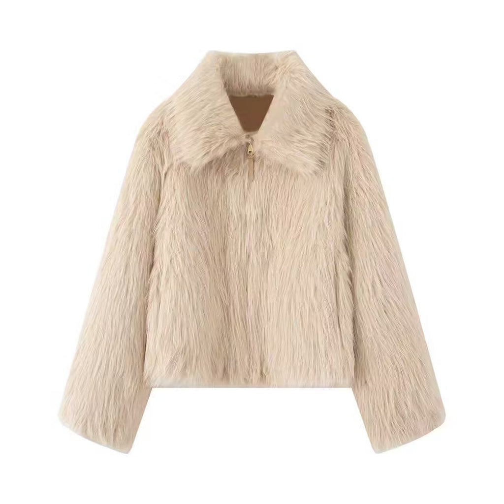 Women Short Faux Fur Cropped Jacket with Voluminous Shawl Collar and Front Zipper Fashion Glam