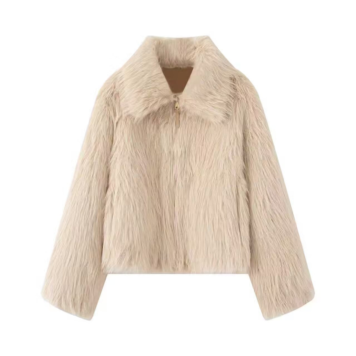 Women Short Faux Fur Cropped Jacket with Voluminous Shawl Collar and Front Zipper Fashion Glam