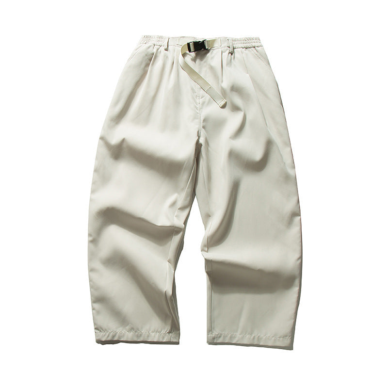 Men's Wide Cut Relaxed Pants with Elastic Waistband, Pleats and Integrated Woven Belt Fashion Glam