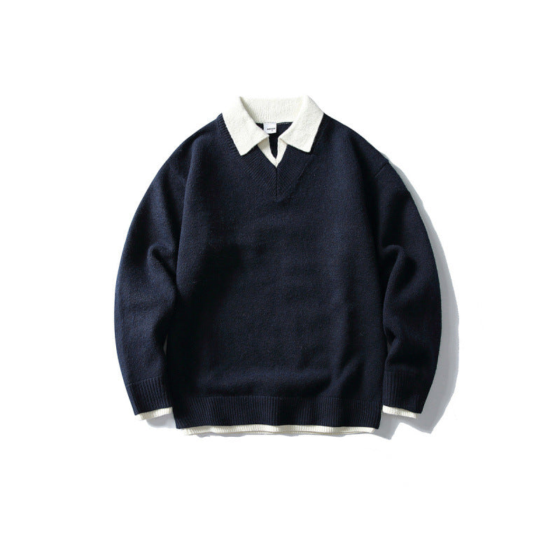 Unisex Oversize Knit Sweater with Contrast Polo Collar and V-Neck Fashion Glam
