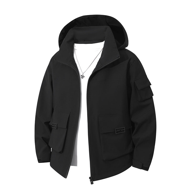 Men's Technical Utility Hooded Jacket with Multiple Flap Pockets and Wind-Resistant Softshell Fashion Glam