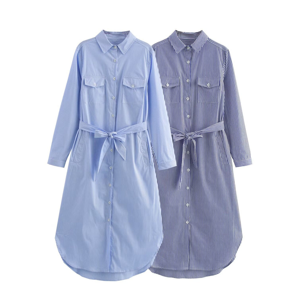 Women’s Shirt Dress with Waist Belt and Chest Pockets Fashion Glam