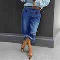 Women High-Waisted Denim Culotte with Destroyed Inserts and Raw Hem Fashion Glam