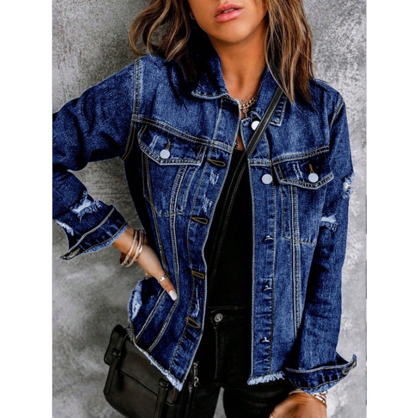 Women Tailored Denim Jacket with Destroyed Accents, Patch Pockets, and Visible Quilted Stitching Fashion Glam