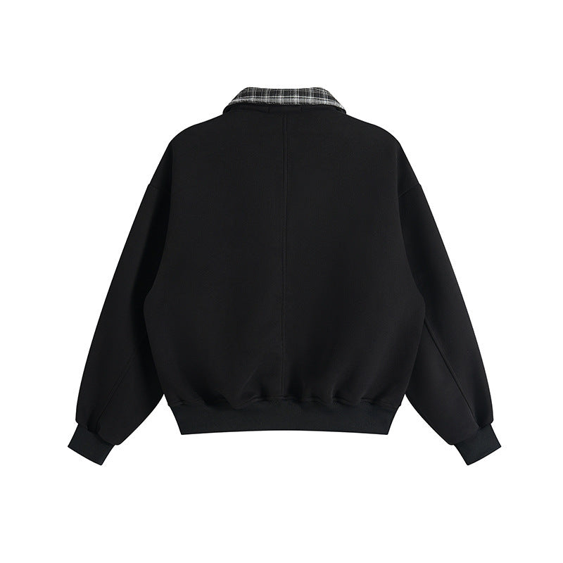 Unisex Oversized Sweatshirt with inset check shirt collar and half zipper Fashion Glam