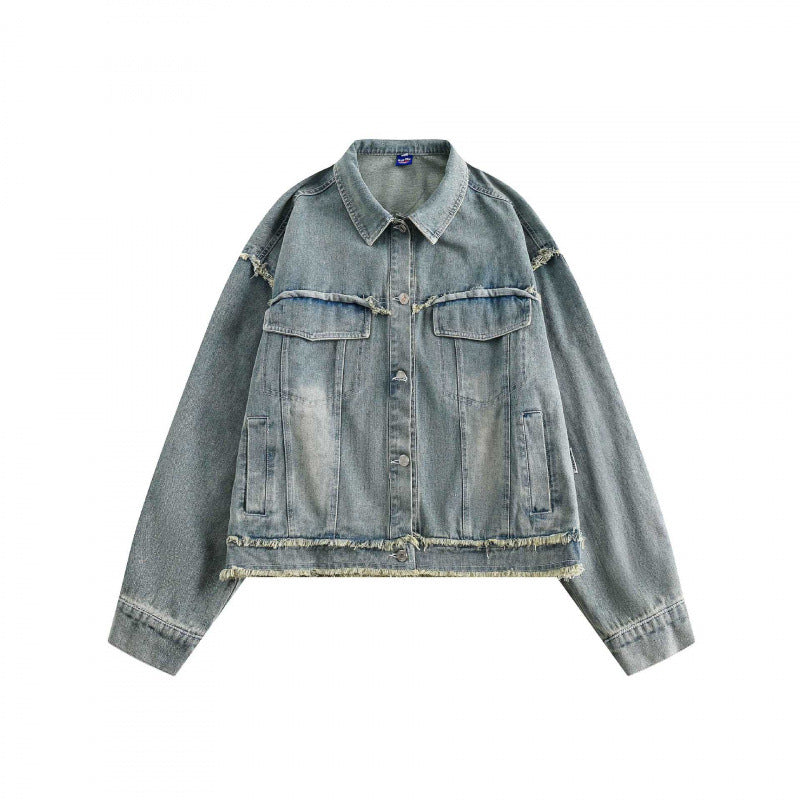 Unisex Boxy-Denim Jacket with frayed hem edges, flap pockets and vintage wash Fashion Glam