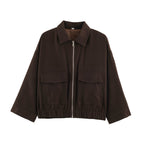 Women's Cropped Oversized Blouson Jacket with Large Flap Pockets, Full-Length Zipper and Elastic Hem Fashion Glam