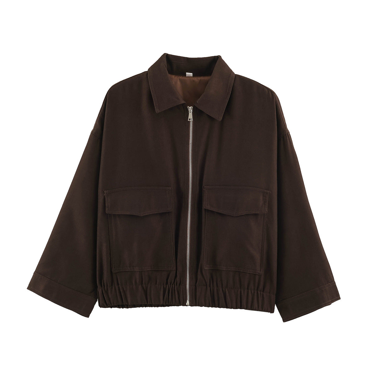 Women's Cropped Oversized Blouson Jacket with Large Flap Pockets, Full-Length Zipper and Elastic Hem Fashion Glam