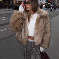 Women's Short Cropped Faux Fur Jacket with Voluminous Stand Collar and Hidden Zipper Fashion Glam
