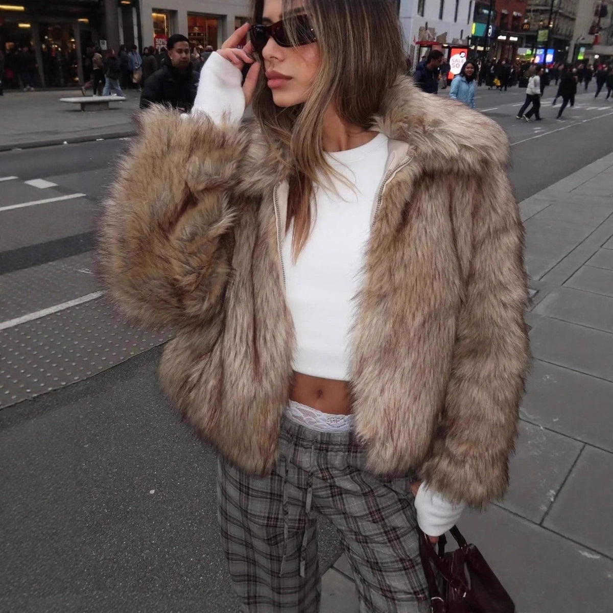 Women's Short Cropped Faux Fur Jacket with Voluminous Stand Collar and Hidden Zipper Fashion Glam