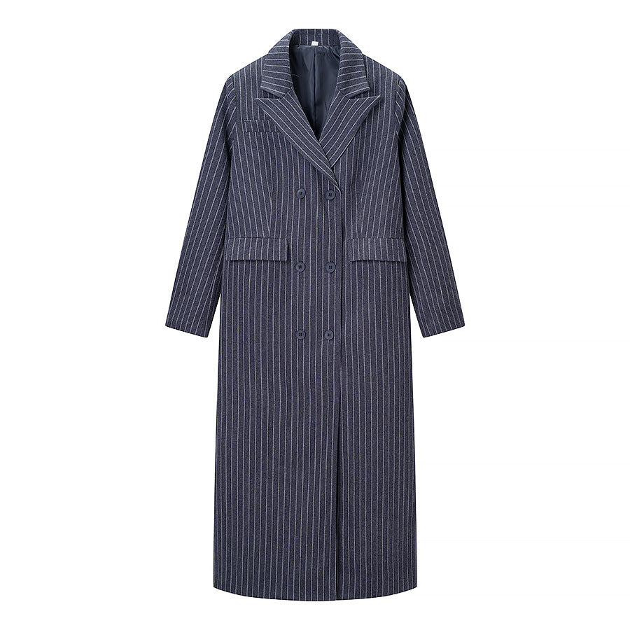 Women Long Double-Breasted Pinstripe Coat with Oversized Shoulder Fashion Glam