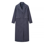 Women Long Double-Breasted Pinstripe Coat with Oversized Shoulder Fashion Glam