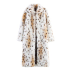 Women's Long Oversized Faux Fur Coat with Spotted Wildcat Print and Stand Collar Fashion Glam