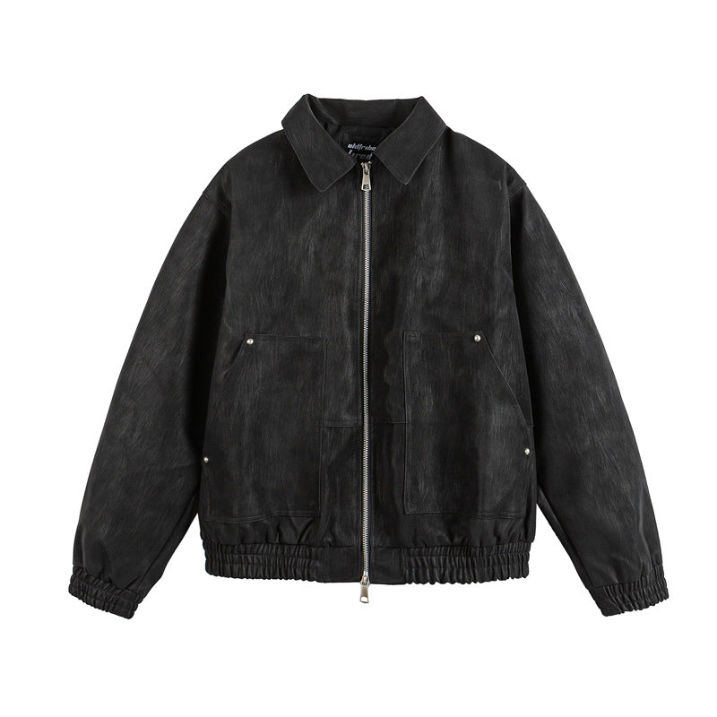 Men's leather-like blouson with shirt collar, two-way zipper, and elastic hem Fashion Glam