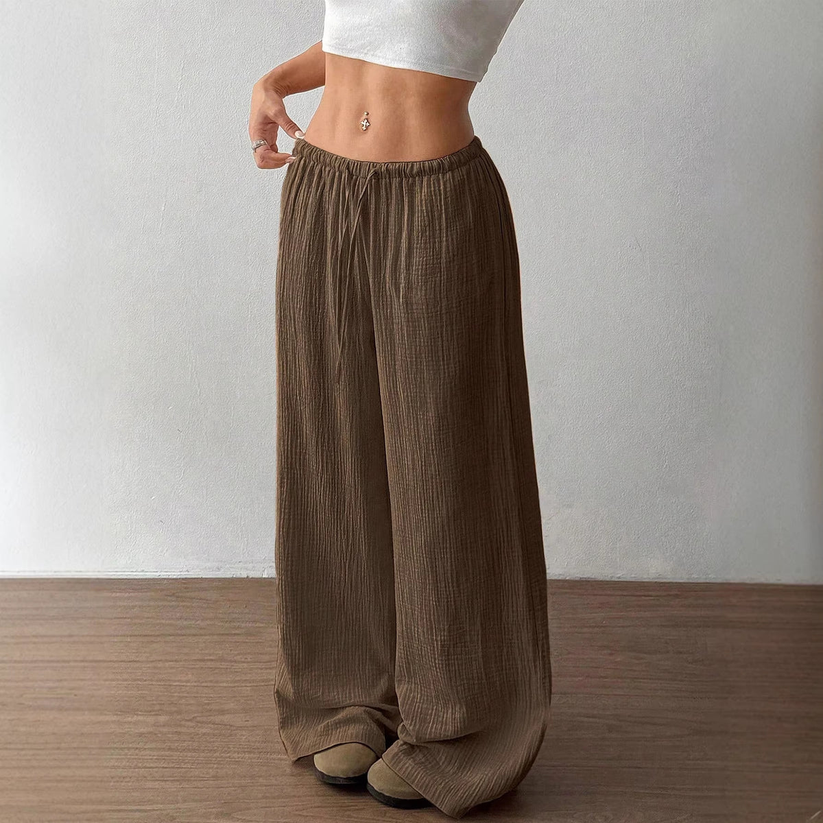 Women Lightweight Linen Look Pants with Wide Leg, Elastic Waistband and Drawstring Fashion Glam
