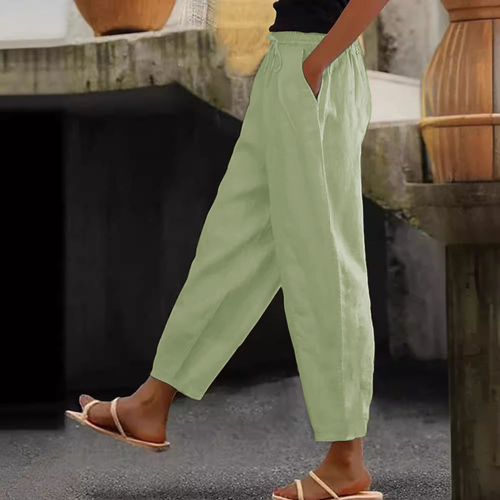 Women's Linen Blend Cropped Pants with Elastic Waistband, Drawstring and Side Pockets Fashion Glam